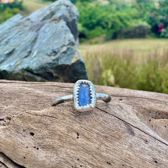 Handmade Sterling silver sea glass ring blue 925 beaded beach coastal ocean